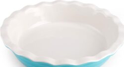 Farberware Bakers Advantage 10 Inch Ceramic Pie Dish | Two-Tone Teal and Ivory Stoneware Pie Pan with Scalloped Edge for Even Baking, Quiche, Casseroles