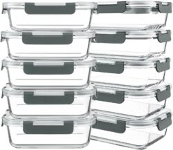 KOMUEE 10 Packs 30 oz Glass Meal Prep Containers with Lids | Glass Food Storage Containers with Lids, Airtight Lunch Bento Boxes, Microwave, Freezer and Dishwasher, Gray